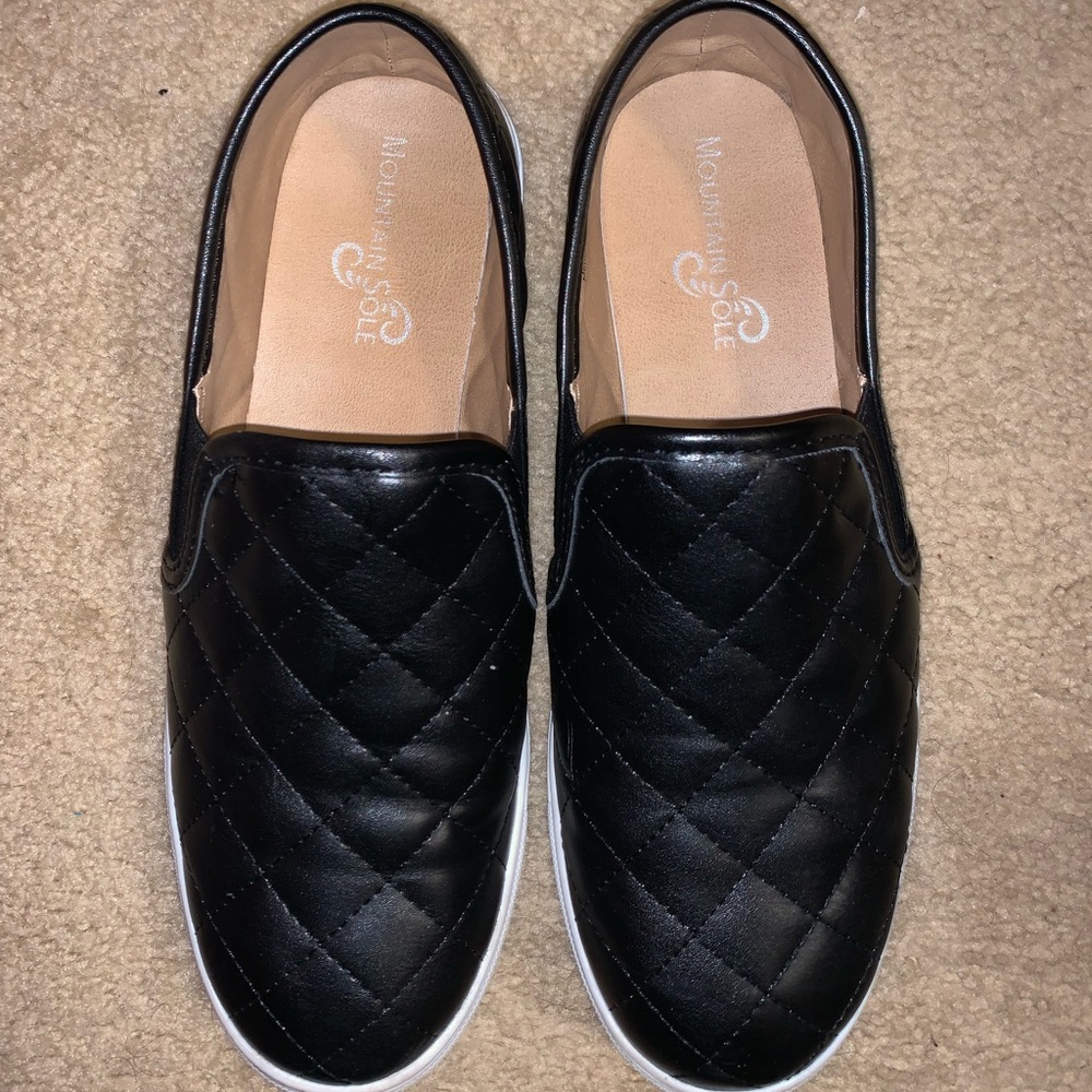 Faux black leather slip on shoes